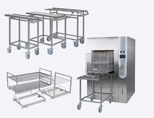Paniers et bacs grillagés, chariots, trolleys, étagères et cols pour passe-plats Autoclaves de laboratoire, autoclaves